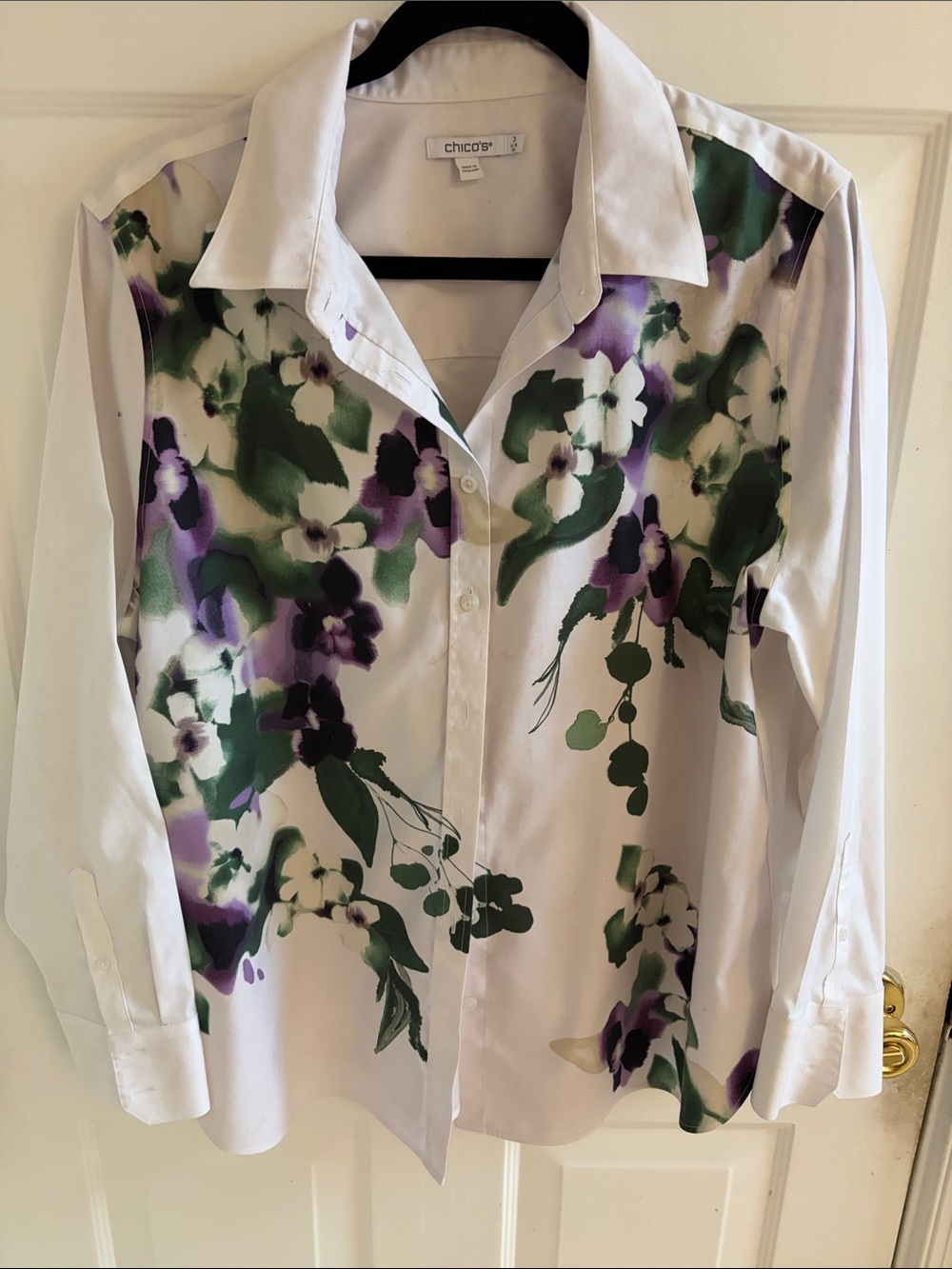 Chico's White Button-Down Blouse with Purple and Green Floral Print